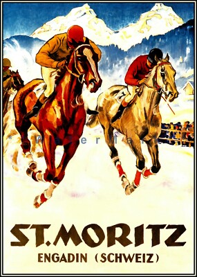 St Moritz 1954 Switzerland Horse Racing Vintage Poster Print Retro Style Art