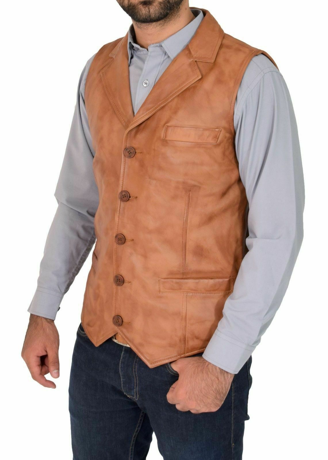 F$L HERREN LAMMLEDER WESTE WESTERN WESTE MANTEL KLASSISCH KNOPF HELLBRAUN JACKET-004
