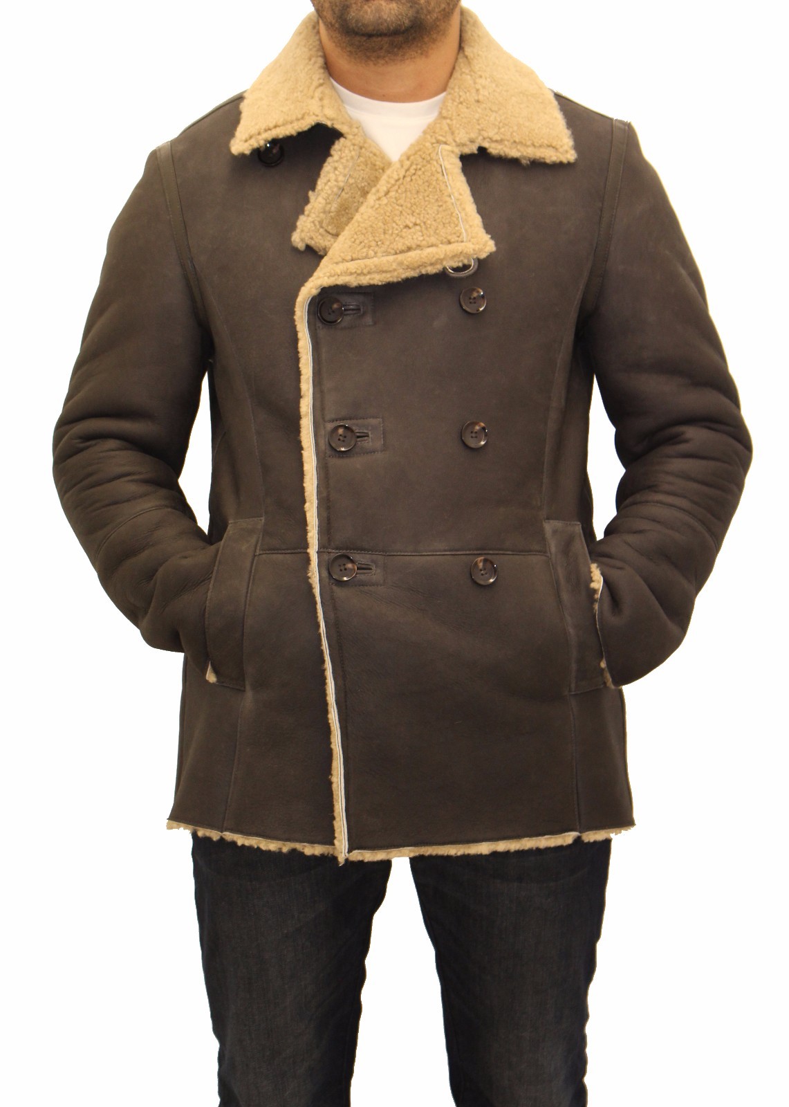 LEATHER STYLES HERREN BRAUNE DEUTSCHE NAVAL LAMMFELL ZWEIREIHIG TRENCHCOAT STUTZER