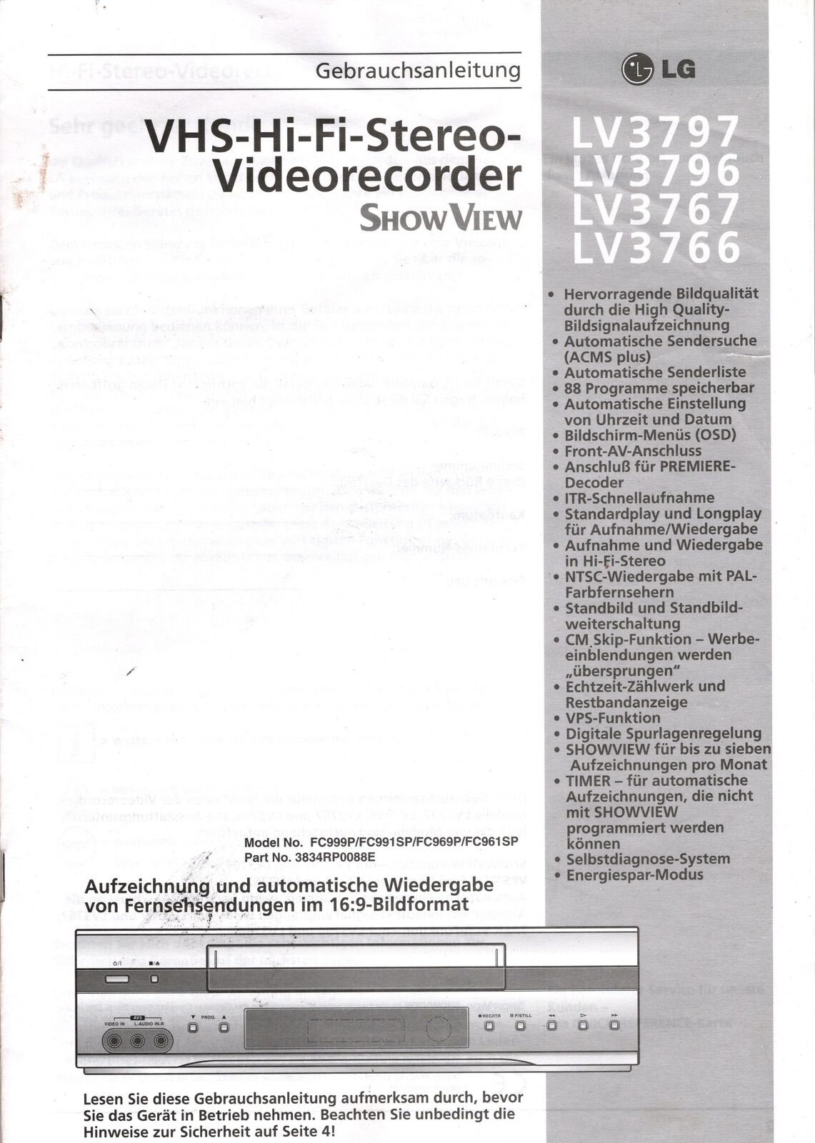 Bedienungsanleitung fr LG LV3797 LV3796 LV3767 LV3766 VHS Videorecorder