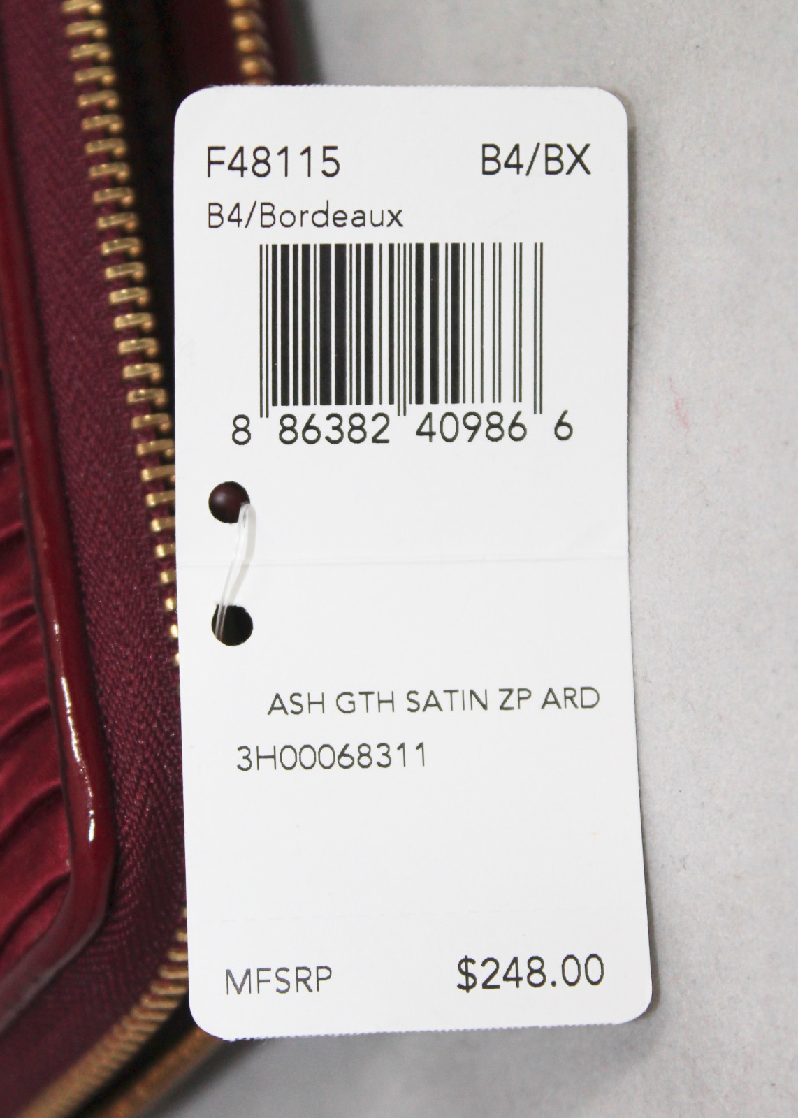 NWT COACH F48115 Ashley Bordeaux Gathered Satin Zip Around Clutch Wallet $248