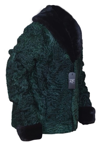 Pre-owned Handmade Green Persian Lamb Fur Karakul Fur Bomber Jacket Mink Fur Collar All Sizes