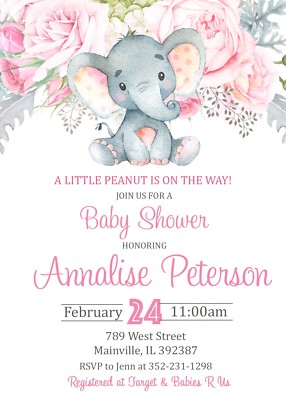 baby girl elephant baby shower invitations