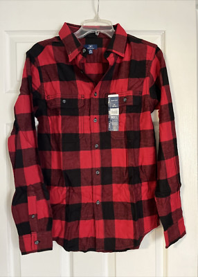 GEORGE MEN'S SUPERSOFT RED & BLACK LONG SLEEVE BUTTON DOWN FLANNEL SHIRT - XS