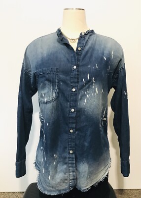 NSF Womens Distressed Denim Button Up Blouse Shirt Blue Size Petite (size 0-2)