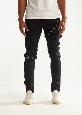 Embellish NYC Men's Rip & Repair Buckle Straps Distressed Skinny Fit Denim Jeans
