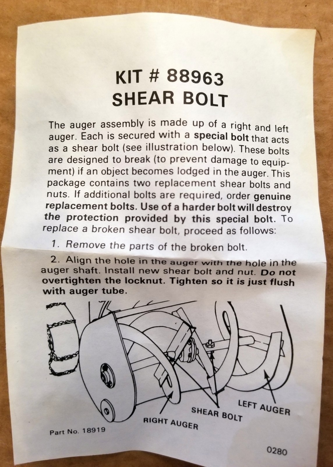 Shear Bolt Kit #88963, Part No. 18919