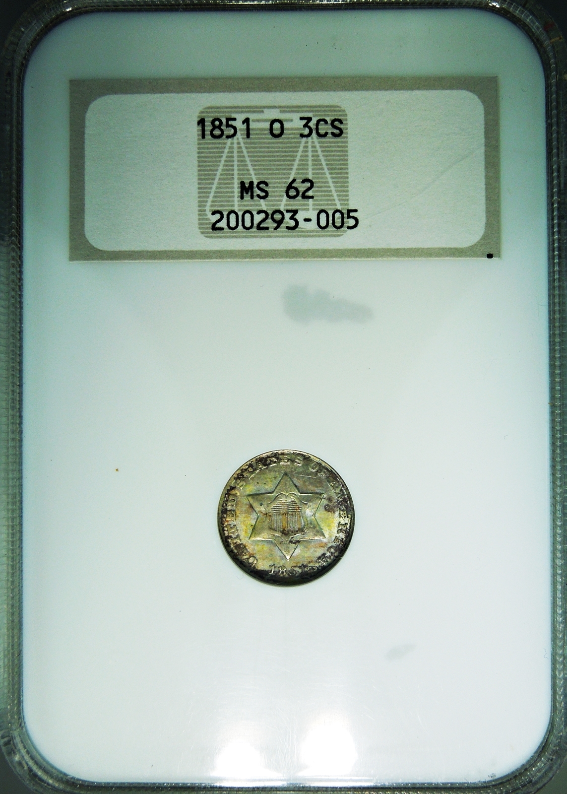 1851-O Three-Cent Silver NGC MS62 (Breen 2907 DASH DATE) very rare old type coin