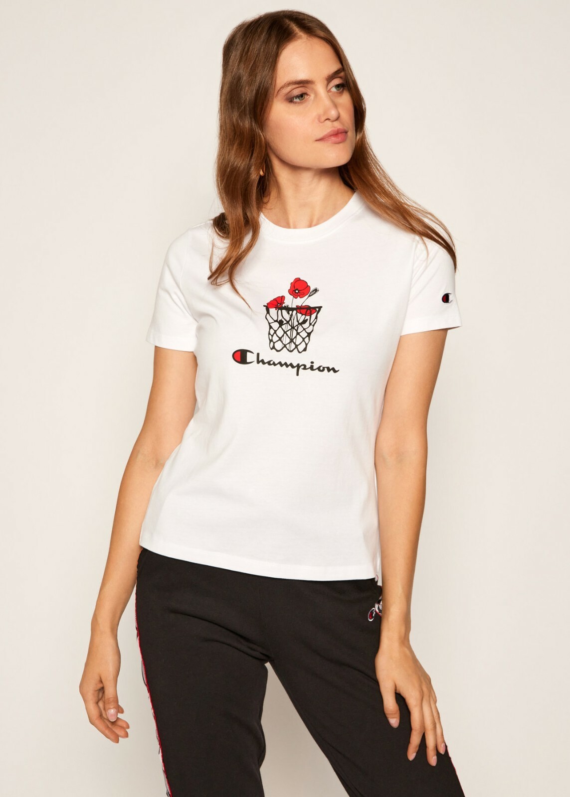 

Футболка с цифровым принтом Champion Basketball Logo Женская белая футболка Activewear Top, Белый