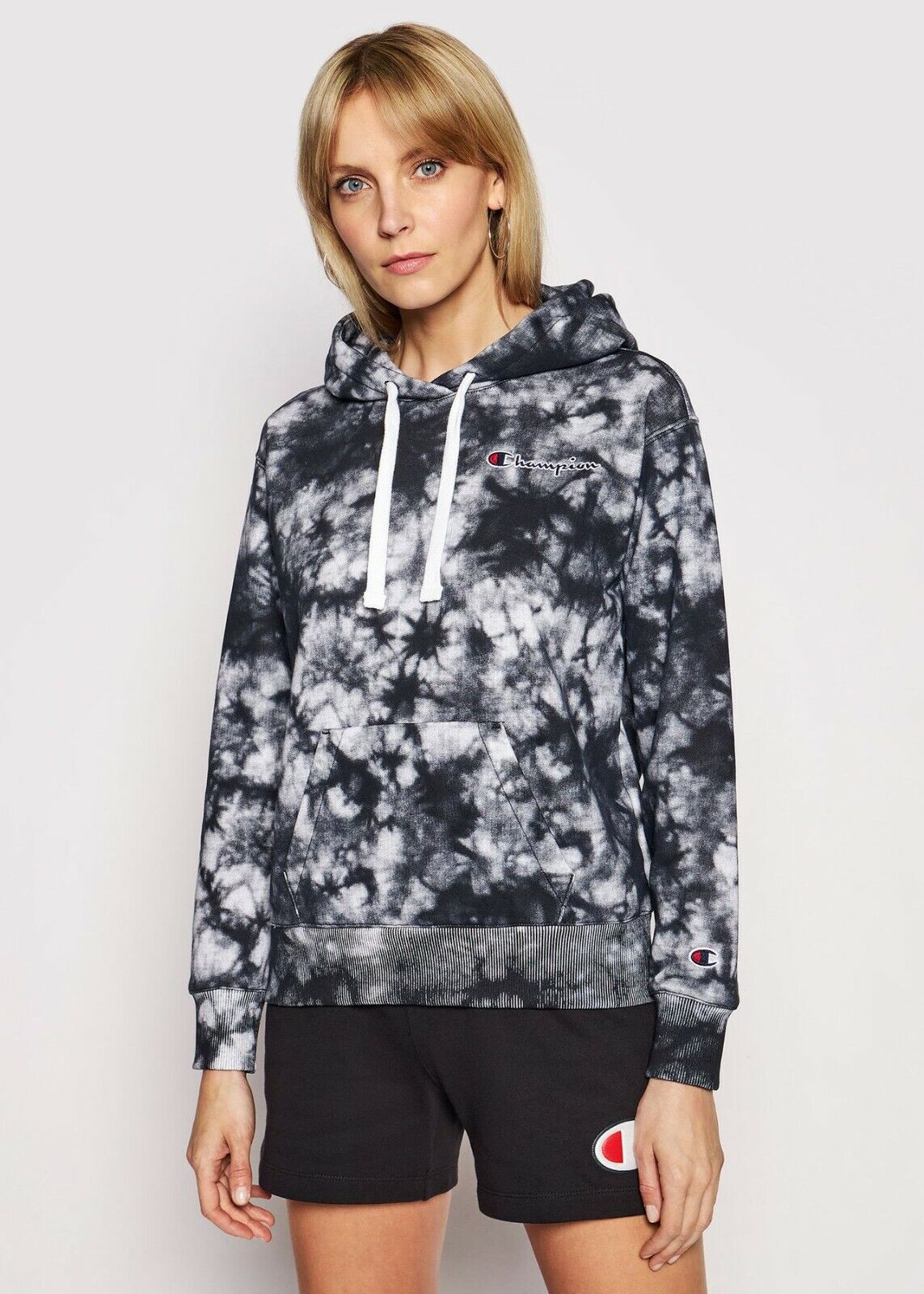 Champion Tie Dye Hoodie Womens Black White Sportswear Повседневная спортивная одежда