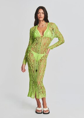 SER.O.YA Allison Crochet Cardigan Lime Green Long Cover Up M/L NWOT $445