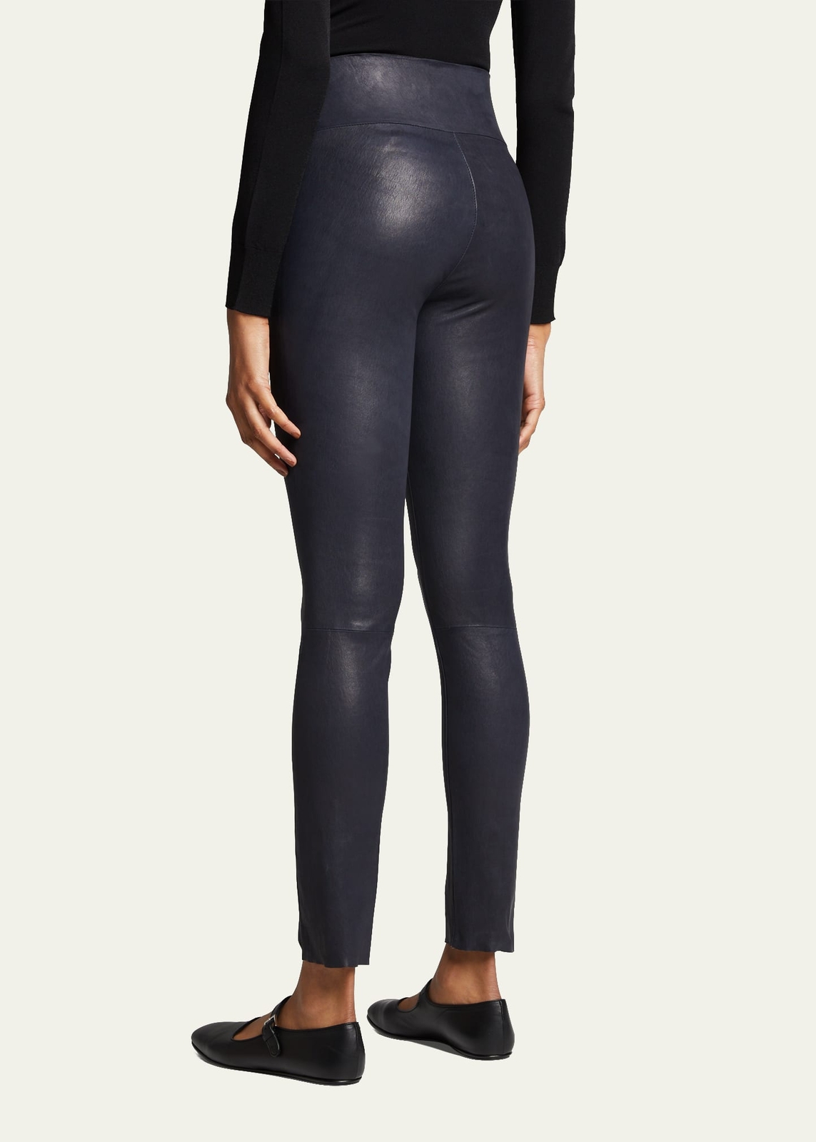 Pre-owned Sprwmn $1075 Midnight Navy Leather High Waist Stretch Ankle Legging S In Blue