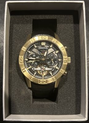 Heritor Automatic Hannibal Semi-Skeleton Leather Band Watch  Gold Black