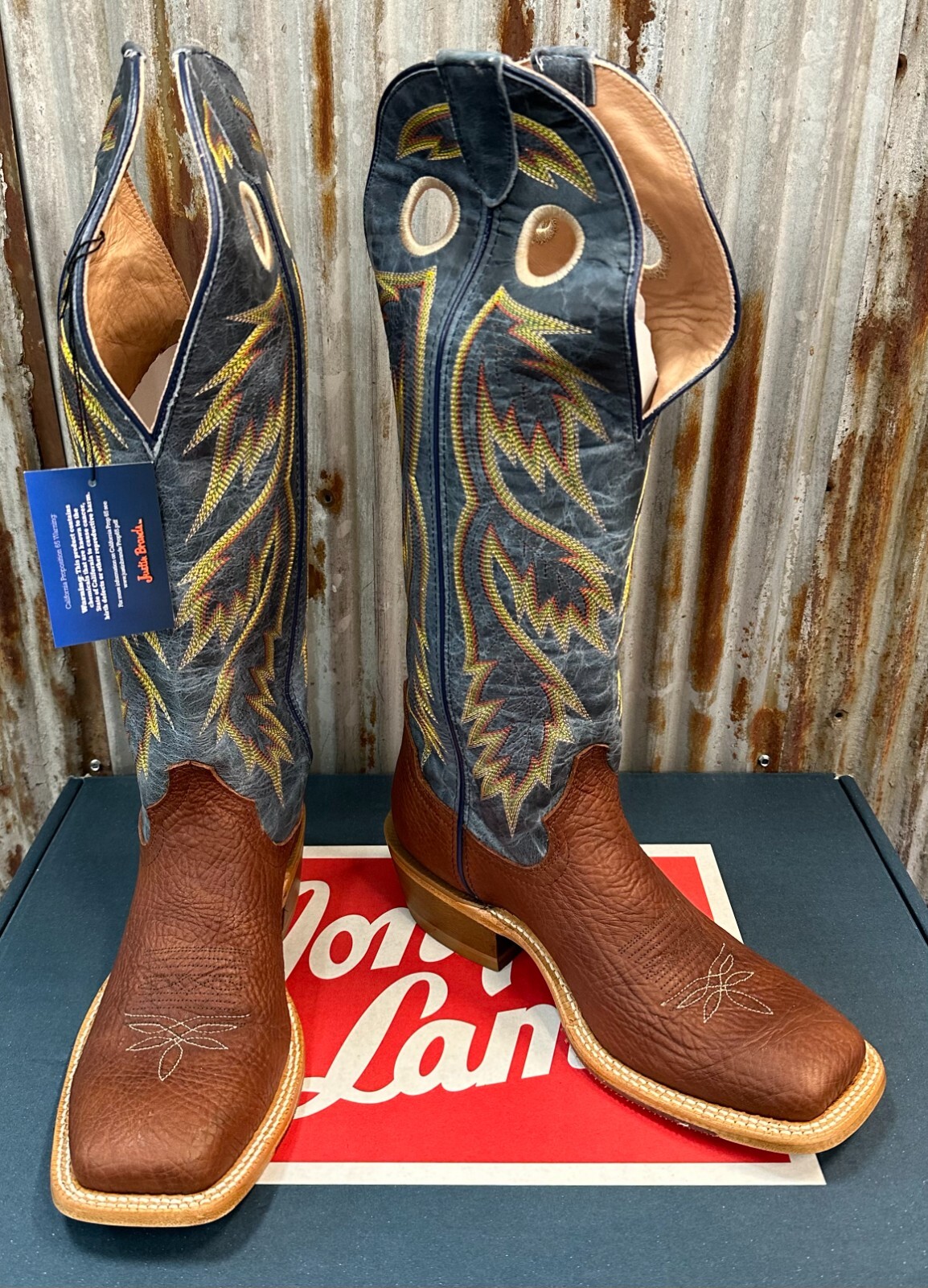 Pre-owned Tony Lama Men's Merrit Cognac Shoulder W/17" Navy Cowhide Tops Sa2004 In Brown