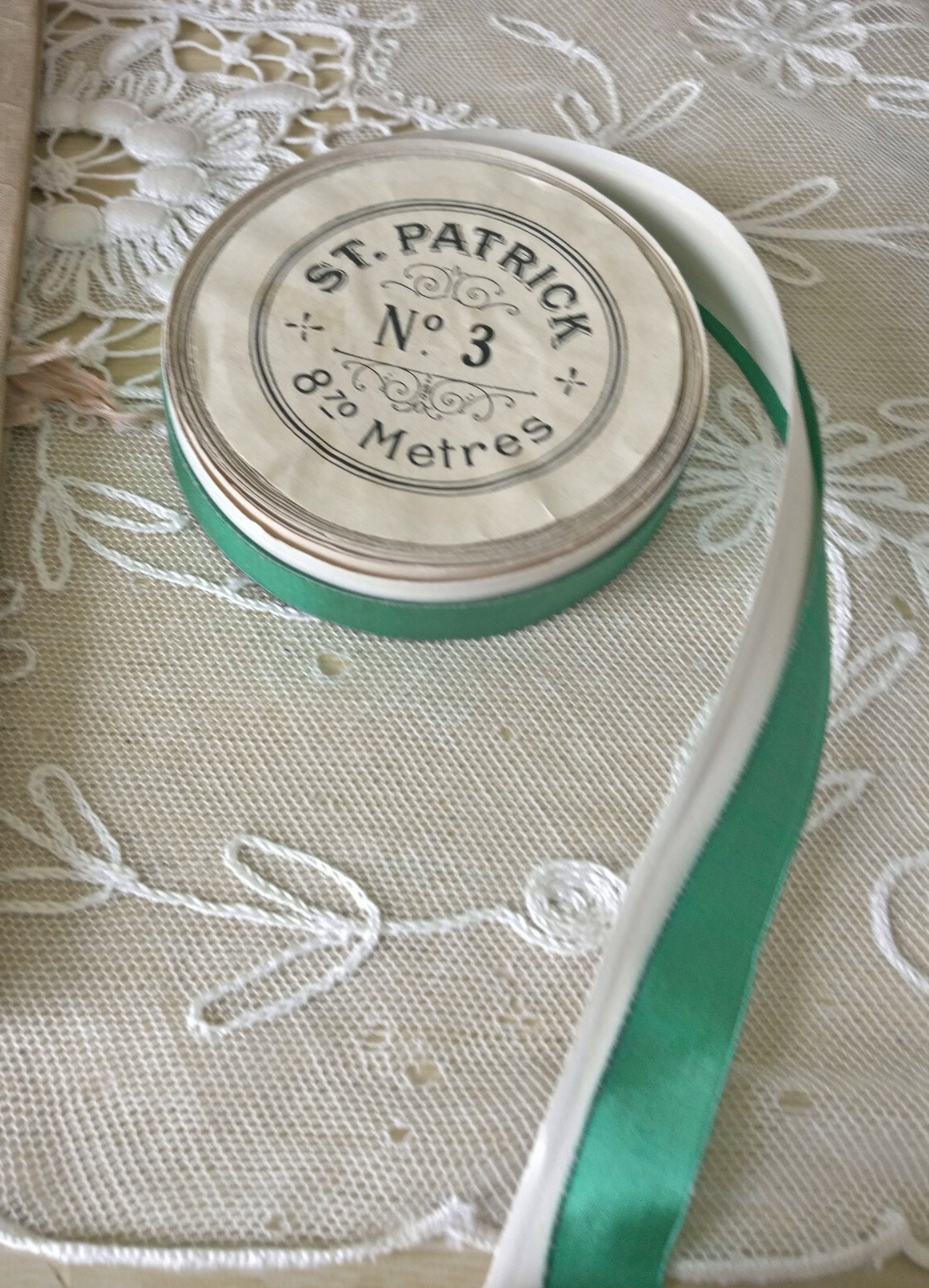 Antique St Patrick Roll Emerald Green Ribbon Original Labels Metres Vintage Silk