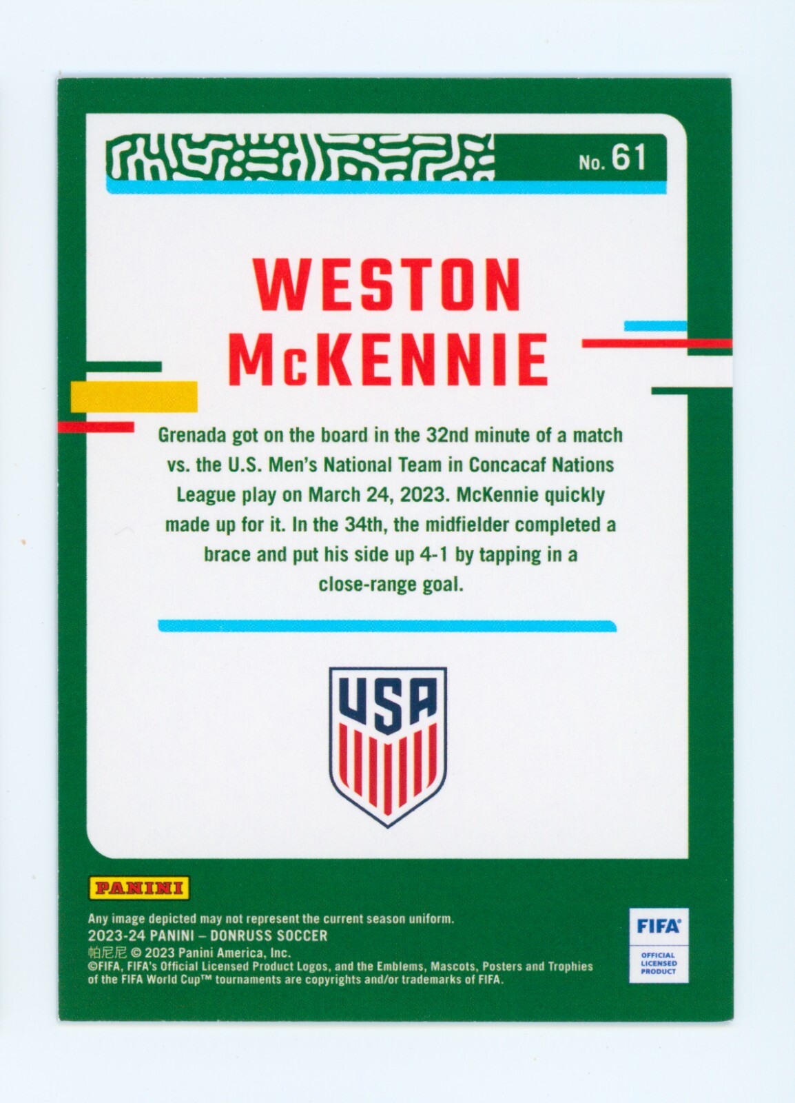 2023-24 Weston McKennie Panini Donruss FIFA Purple USMNT Soccer Card 24/25