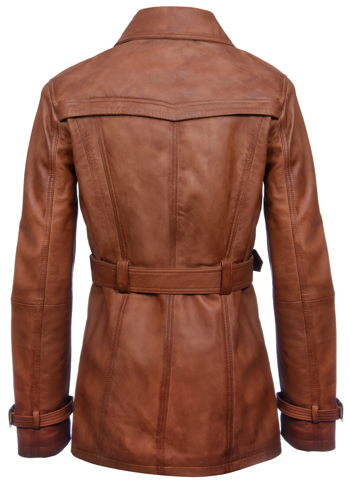 Pre-owned Infinity Ladies Leather Trench Coat Tan Mid-length Coat Classic Leather Jacket In Brown