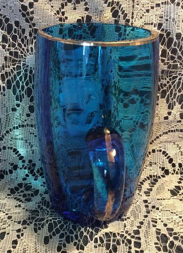 Antique Blue Glass Handled Tumbler Cup Mug Hand Painted Floral Gold Trim / Rim