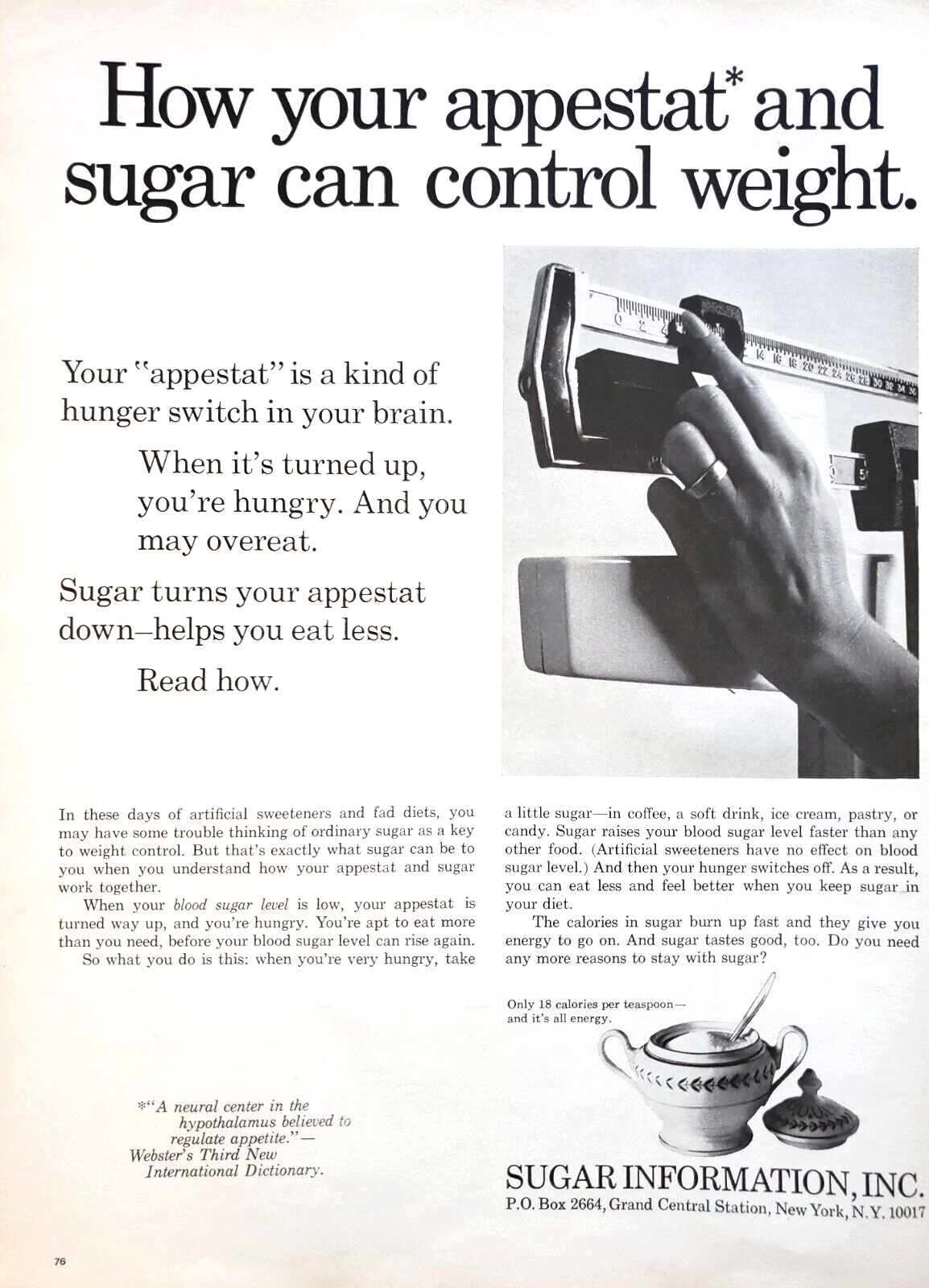 1968 Sugar Info Print Ad – Appestat: The Brain’s Hunger Switch Explained✦ Vtg