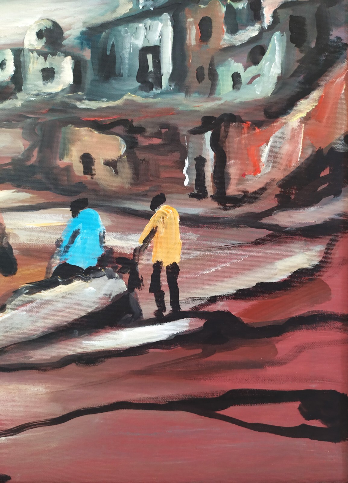 Original Italian Modern Surrealist Oil Painting Landscape with Figures signed