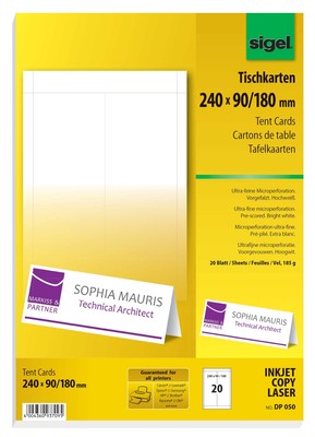 SIGEL DP050 Tent Cards, 24 x 9 cm, 20 sheets equal to 20 Pieces 240 x 90/180 mm