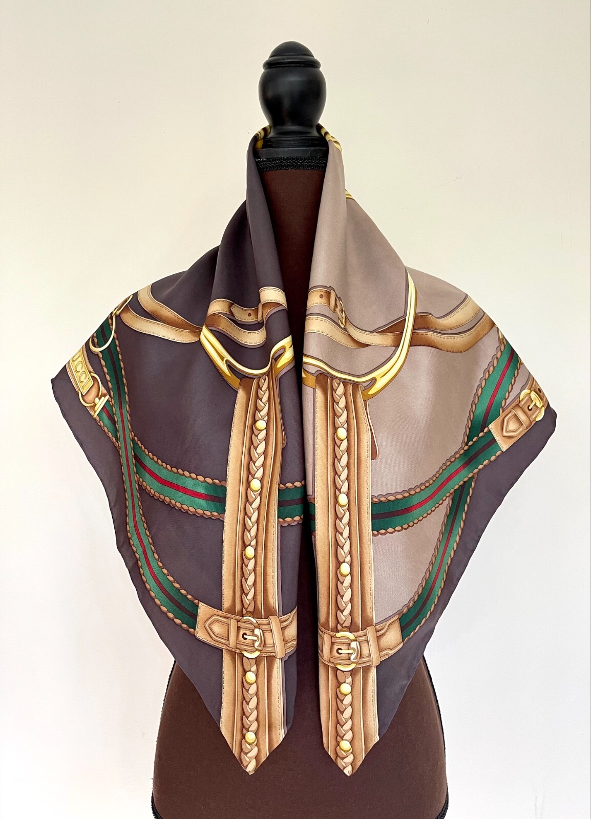 Pre-owned Gucci Unisex  Silk Wrap Logo Print Horsebit Equestrian Brown Beige Scarf