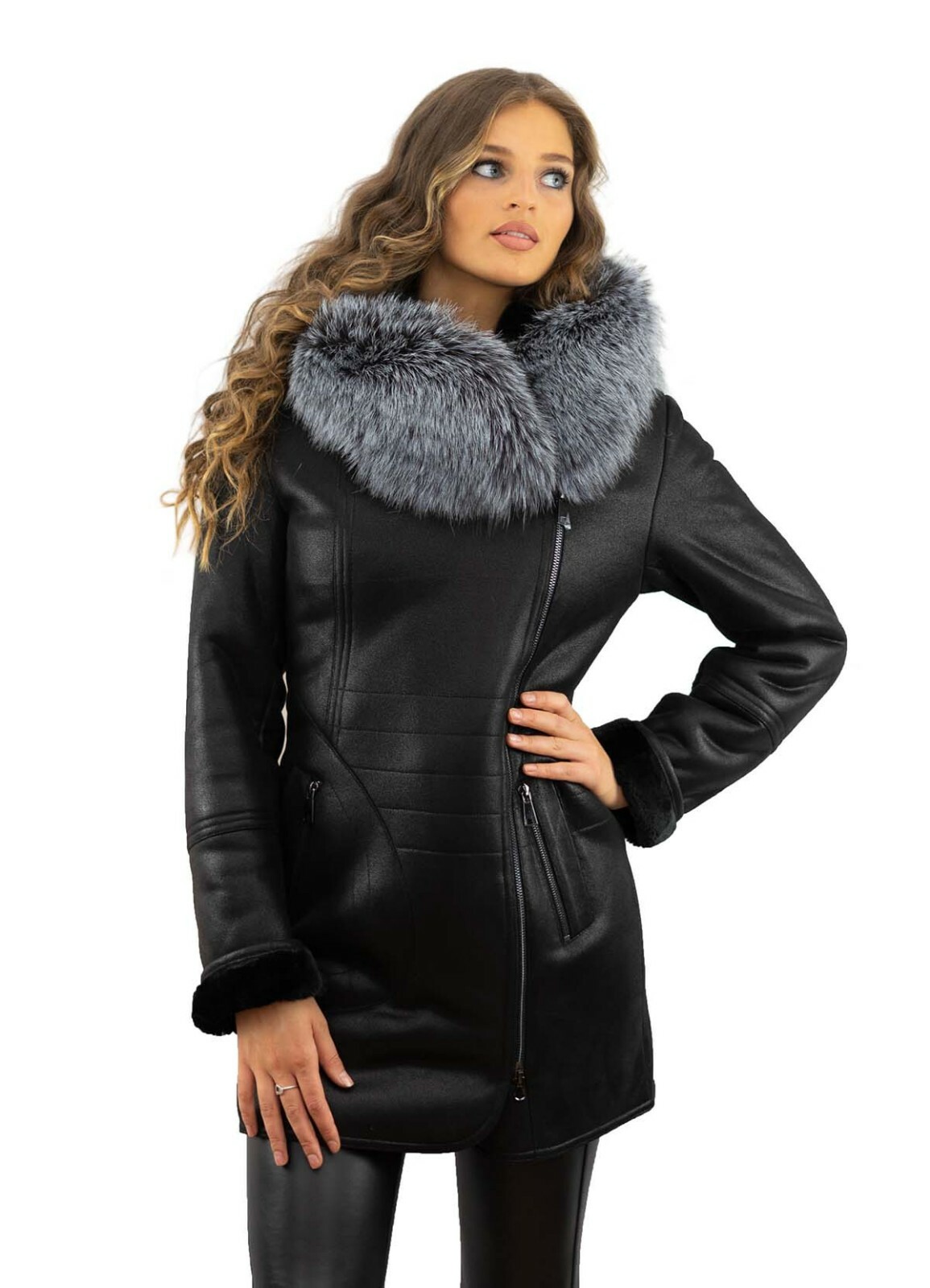 MARKENLOS DAMEN WINTER MANTEL JACKE PARKA PELZ SILBERFUCHS PELZKRAGEN ECHTFELL ECHTPELZ