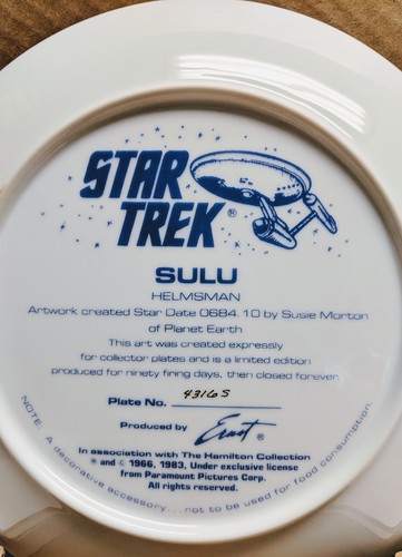 Star Trek 1983 Orig Series SULU Helmsman Ltd Ed Sci-Fi Plate Artist Susa Morton