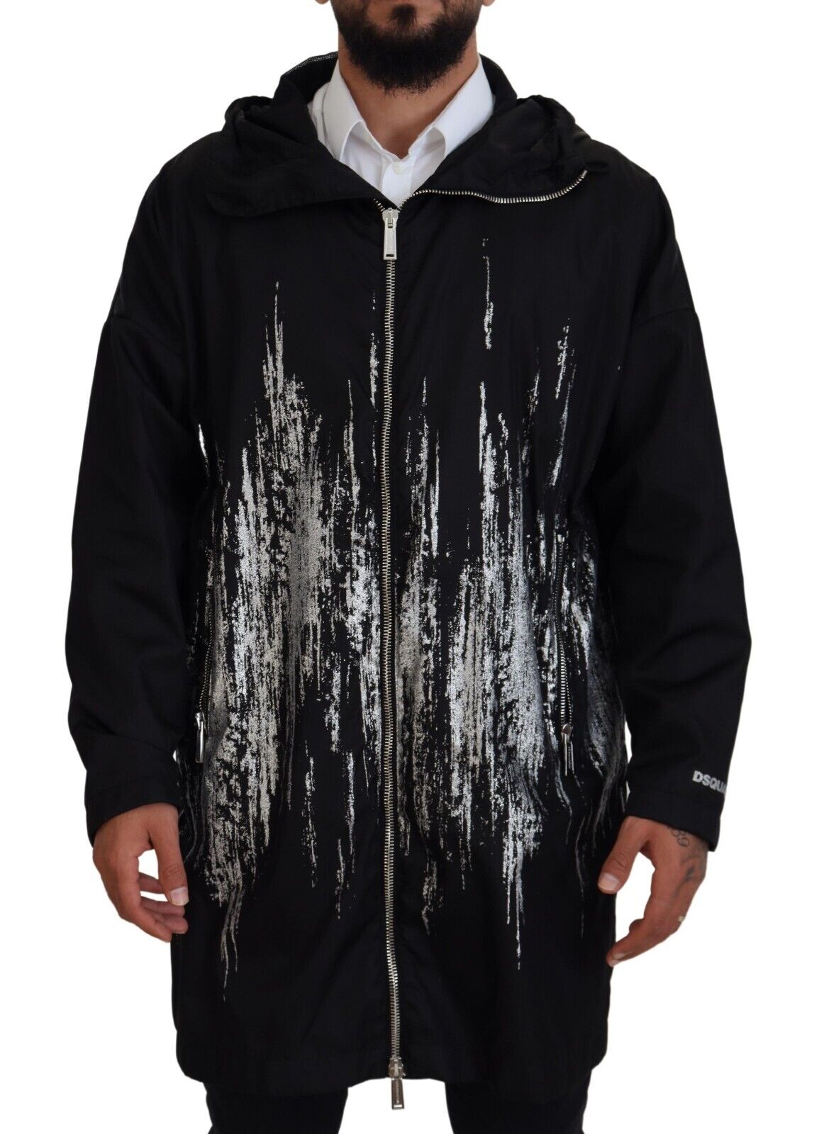 DSQUARED2 Jacket Nylon Black White Print Long Hooded Coat DSQUARED2 Jacket Nylon Black White Print Long Hooded Coat