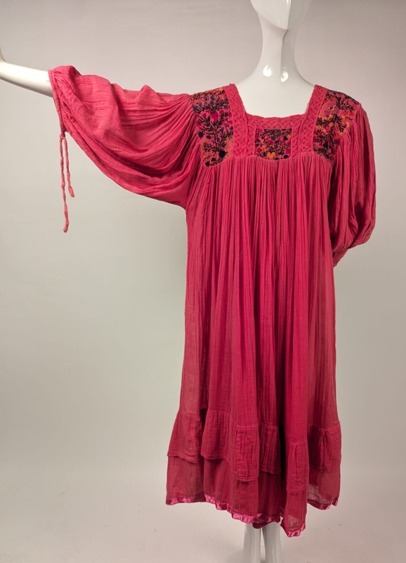 pink muslin dress Ruched muslin midi dress in pink