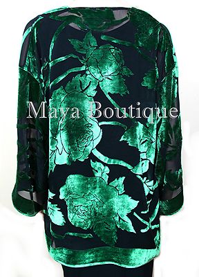 Pre-owned Maya Matazaro Emerald & Black Silk Burnout Velvet Jacket Short Kimono No Fringe  In Green