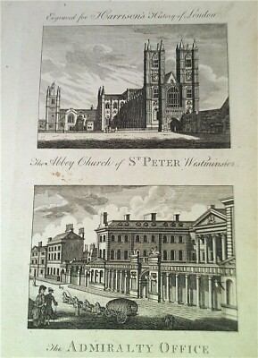 Westminster Abbey & Admiralty Office 1775 original copperplate engraving 