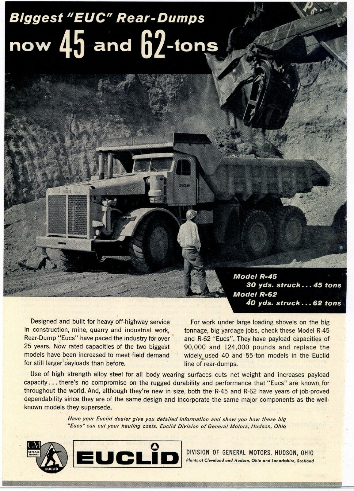 1962 Euclid Equipment Ad: Models R-45 & R-62 Rear Dump Mining Trucks. Hudson OH 1962 Euclid Equipment Ad: Models R-45 & R-62 Rear Dump Mining Trucks. Hudson OH