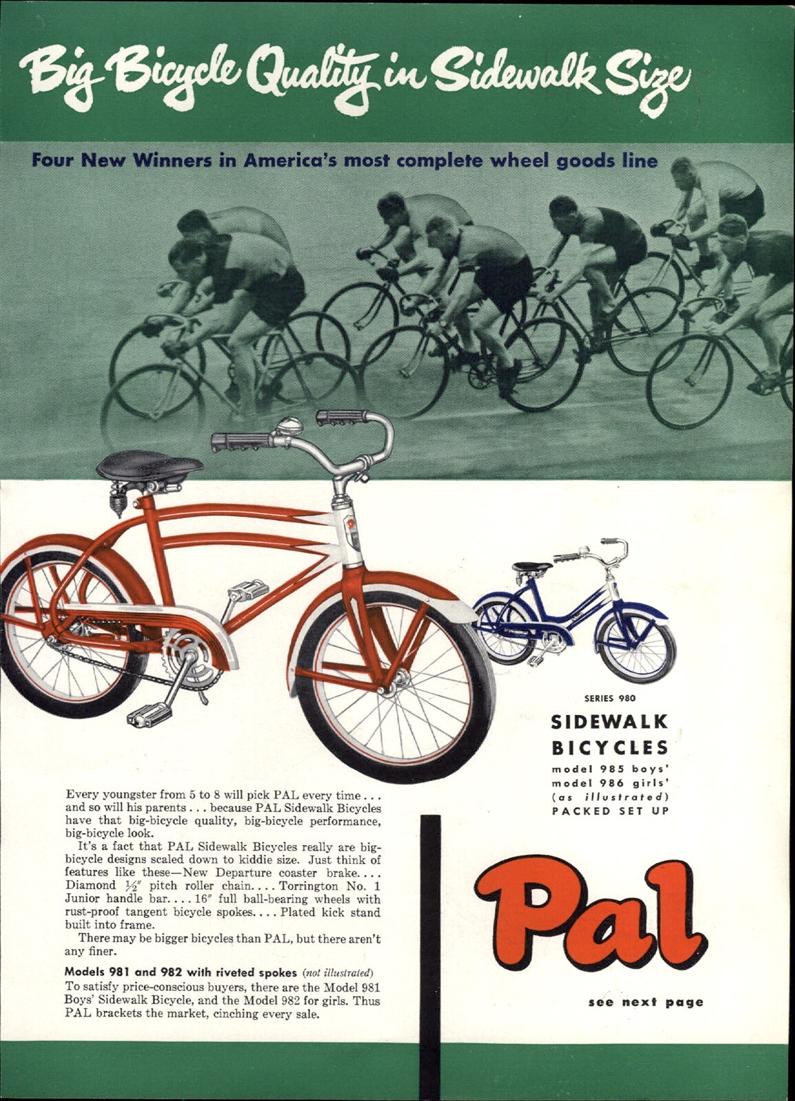 1949 PAPER AD COLOR Pal Sidewalk Bicycle Pedal Car Supertrike 