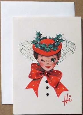 Vintage Christmas Card UNUSED MCM Pretty Winking Lady Fancy Dress Hat Big Bow