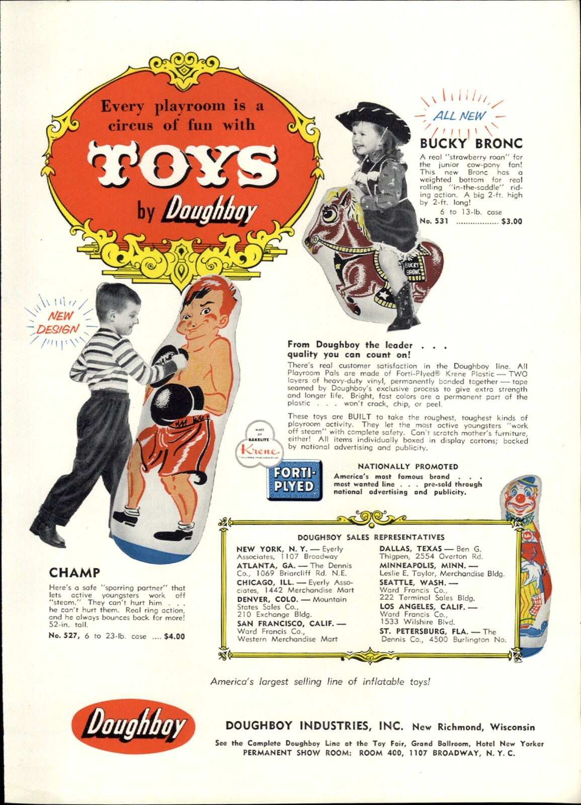 1957 PAPER AD 2 Sided Doughboy Punching Bag Champ Bobo Clown