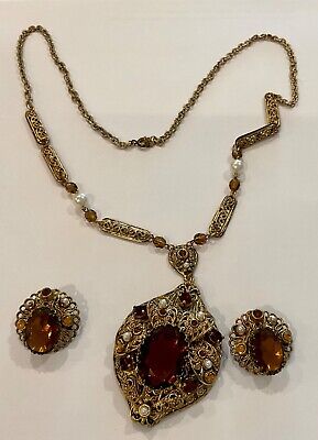 VTG WESTERN GERMANY SMOKEY TOPAZ PEARL NECKLACE  MATCHING CLIP EARRINGS