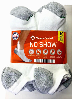 MEMBERS MARK 10-PR NO-SHOW MEN'S SOCKS WITH ARCH SUPPORT SZ LG FIT 6-12 SHOE USA
