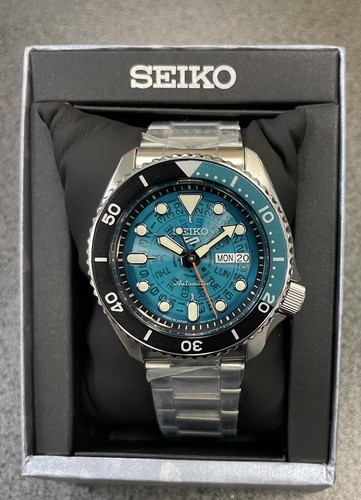 Pre-owned Seiko 5 Automatic Teal Transparent Dial Steel Bracelet Men's Watch Srpj45 Japan