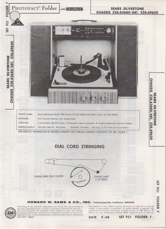 1968 SEARS SILVERTONE 528.63680 RECORD PLAYER RADIO SERVICE MANUAL PHOTOFACT ++