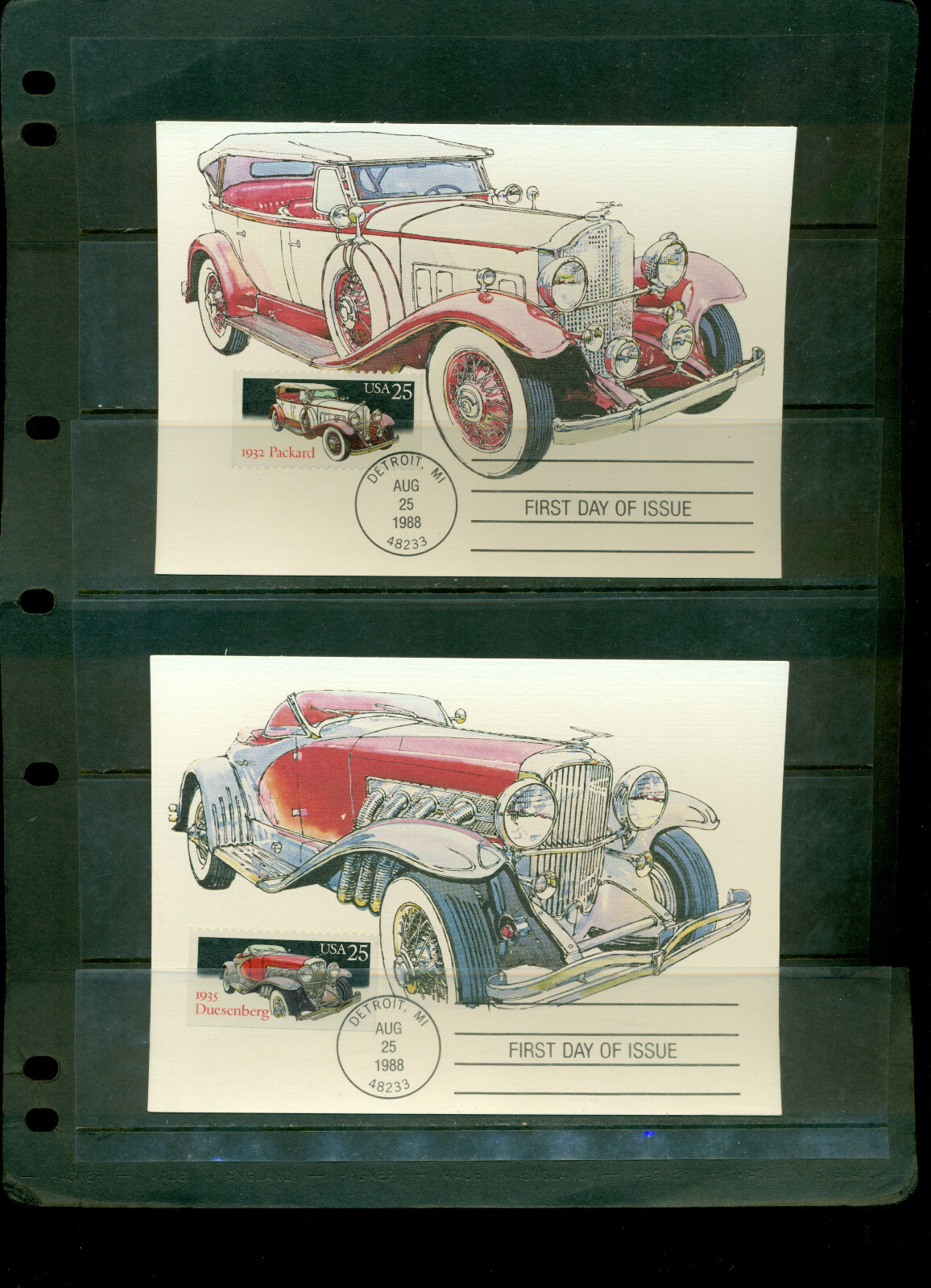 1988 Set of 5 FDCs -on Maxi Cards - Classic Automobiles - USPS Product