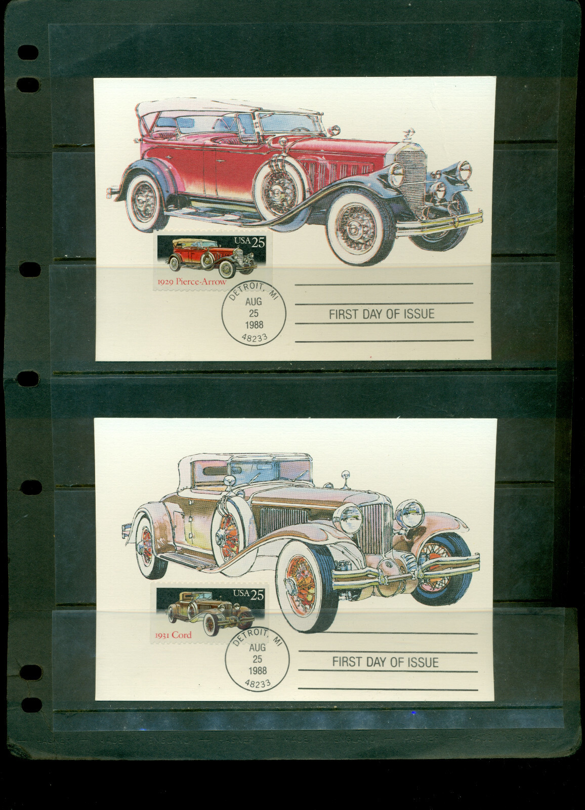 1988 Set of 5 FDCs -on Maxi Cards - Classic Automobiles - USPS Product