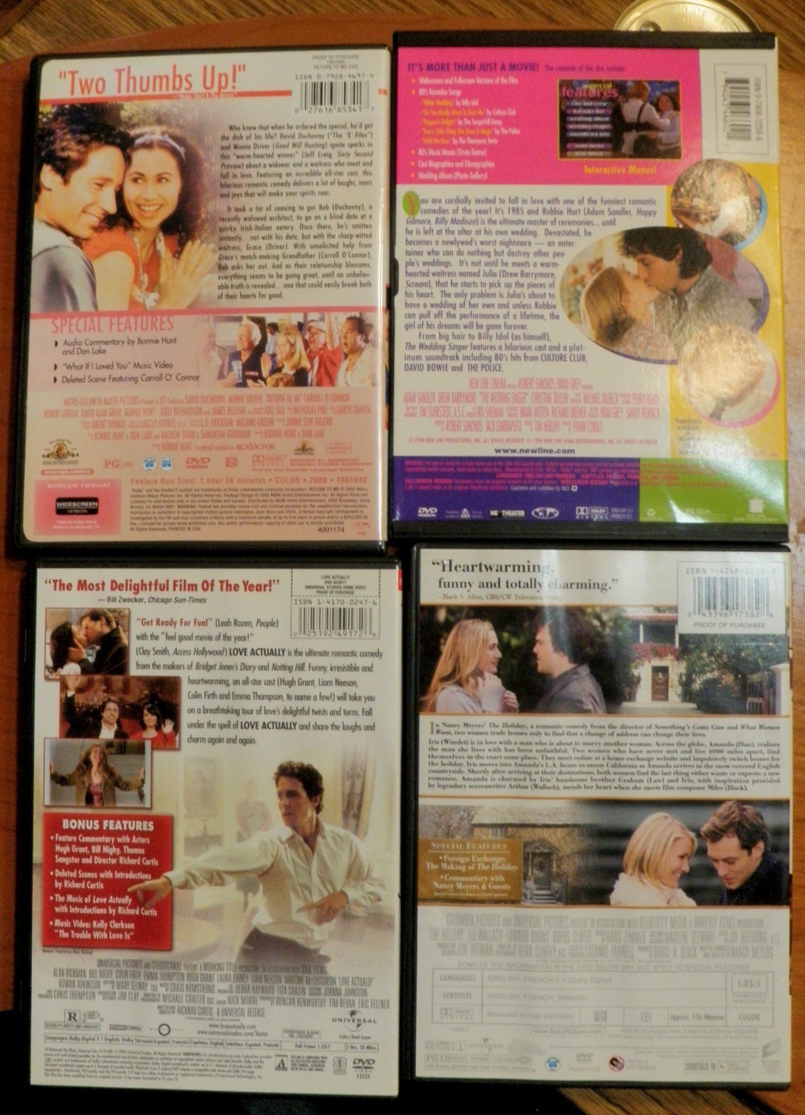 4 DVDs Romantic Comedies Love Actually Wedding Singer The Holiday Return to Me