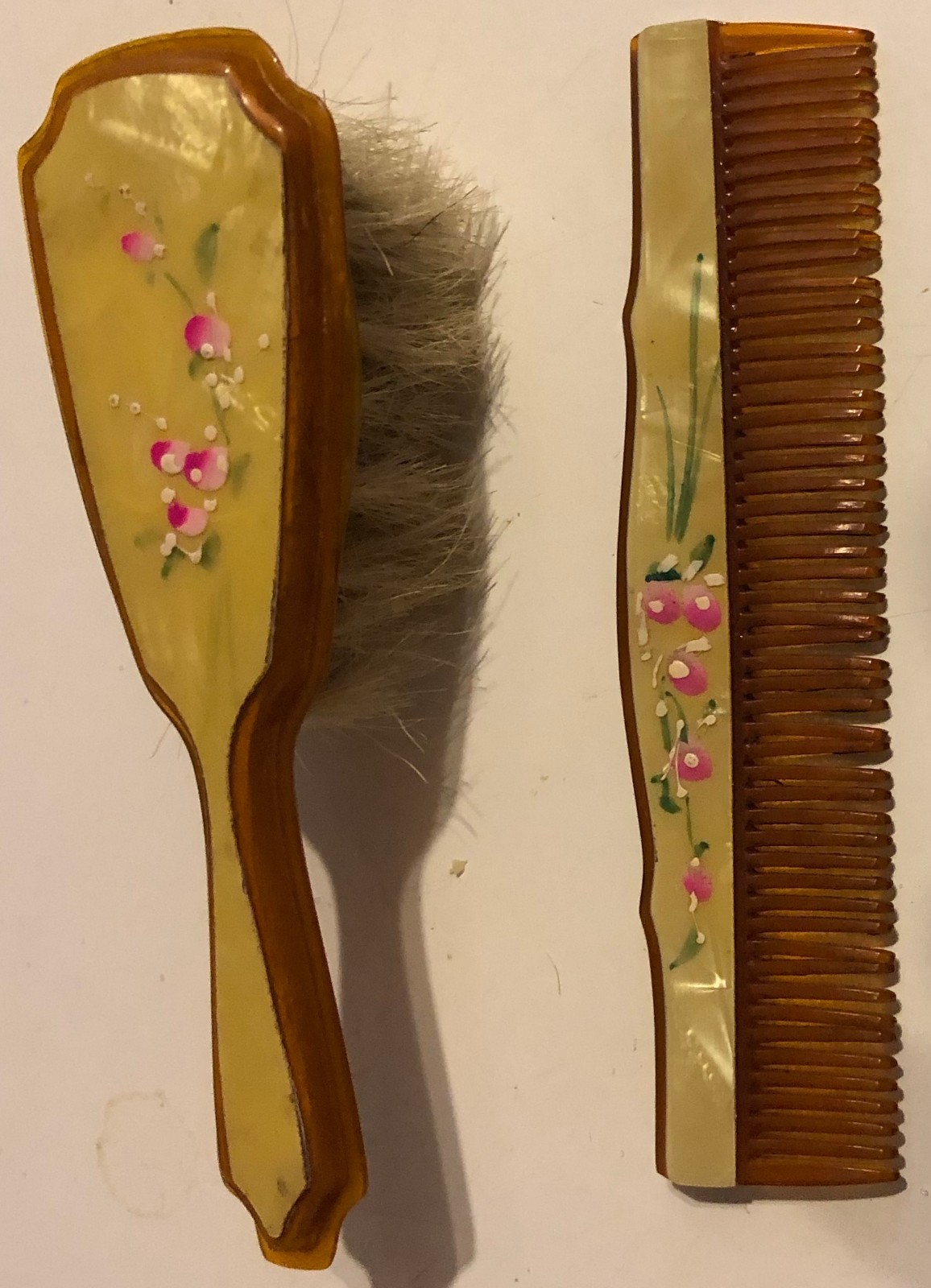 Vintage Child's Baby Nursery Comb & Brush Celluloid HP + Trinket Box - Rare