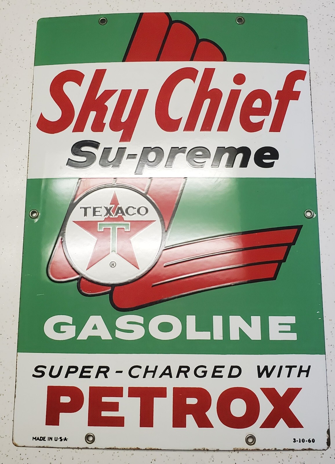Original 1960 Texaco Sky Chief Gasoline Porcelain Pump Plate Sign 
