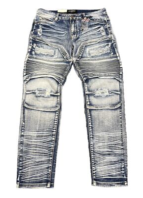 Mens Jean VICTORIOUS SKINNY LEG FIT BLUE DENIM RIPS DISTRESSED BIKER ROCK DL1359