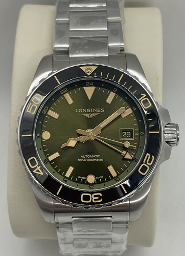 Pre-owned Longines Hydroconquest Gmt Green Dial Steel 41 Mm Men's Watch L3.790.4.06.6