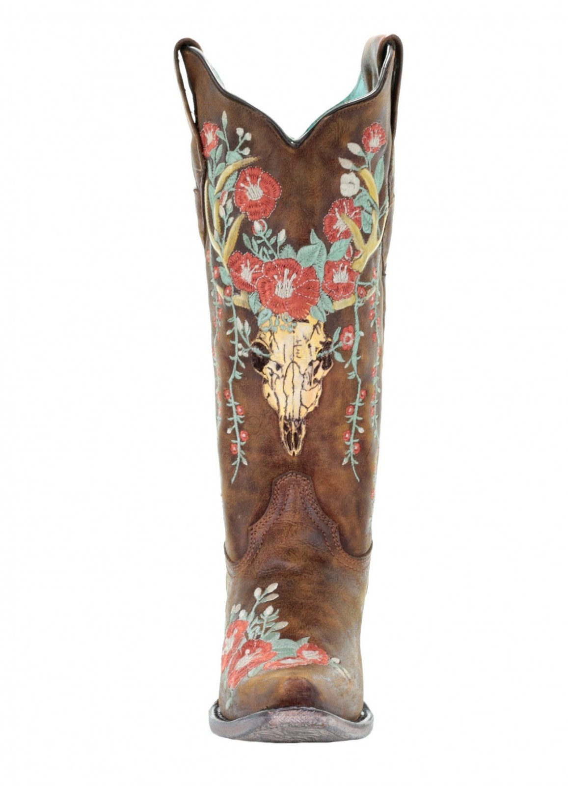 Pre-owned Corral Boots Corral Tan Deer Skull Overlay And Floral Embroidered Boots A3652 In Brown