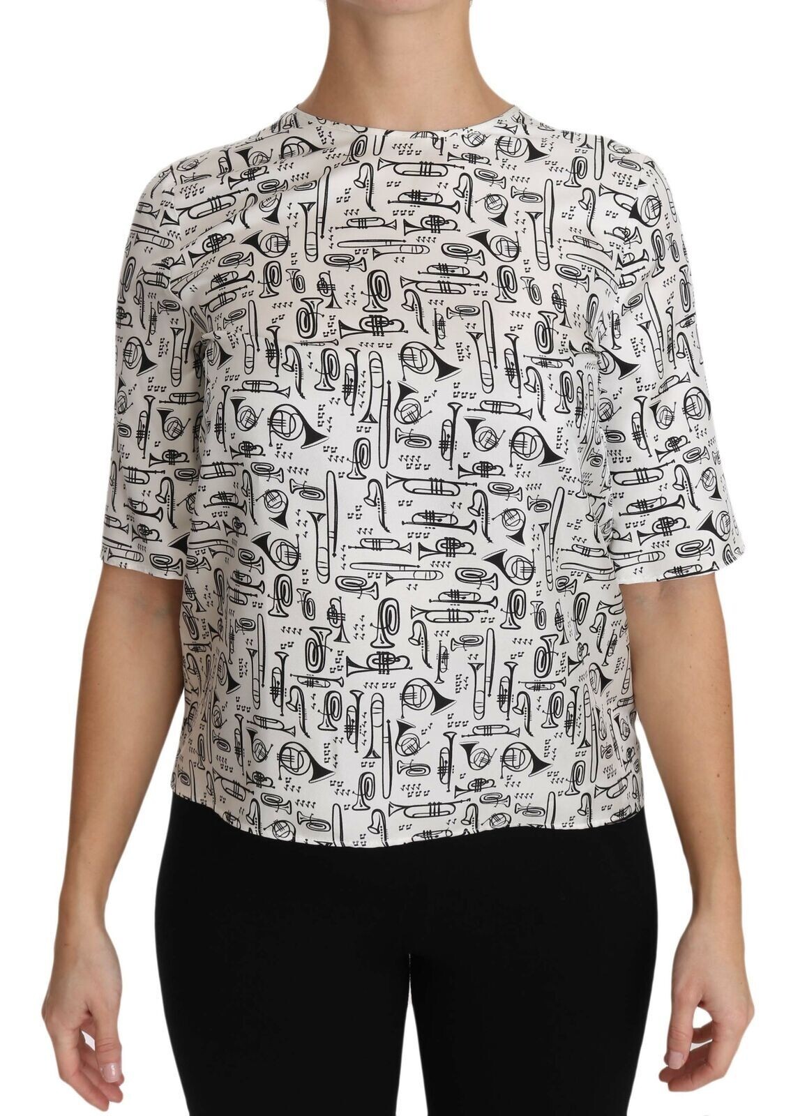 DOLCE & GABBANA Blouse White Musical Instruments Print Silk IT46/US12/XL $545