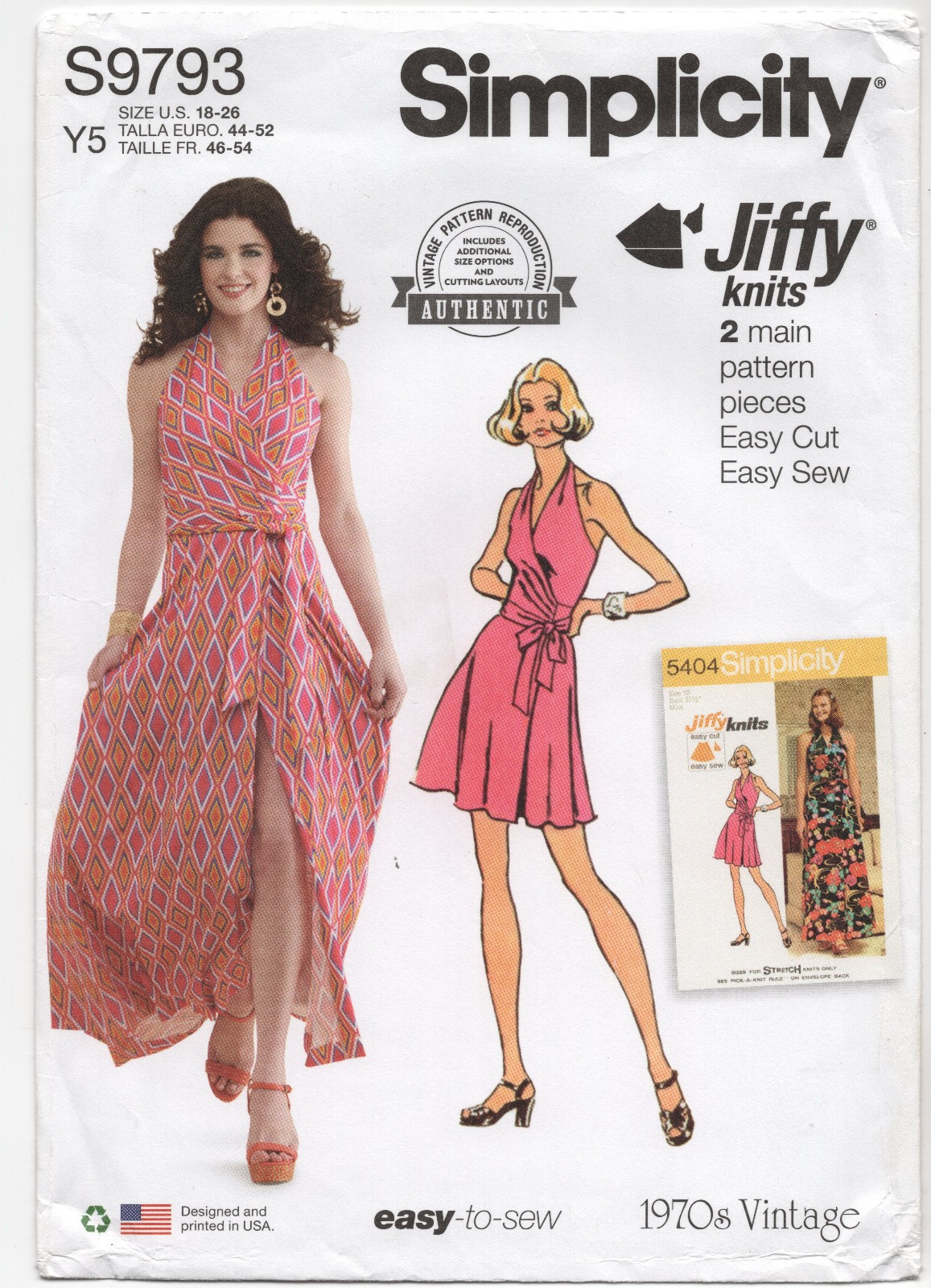 Simplicity 9793 Retro 70s KNIT Front Wrap Halter Dress Pattern, Sz 18-26, Uncut